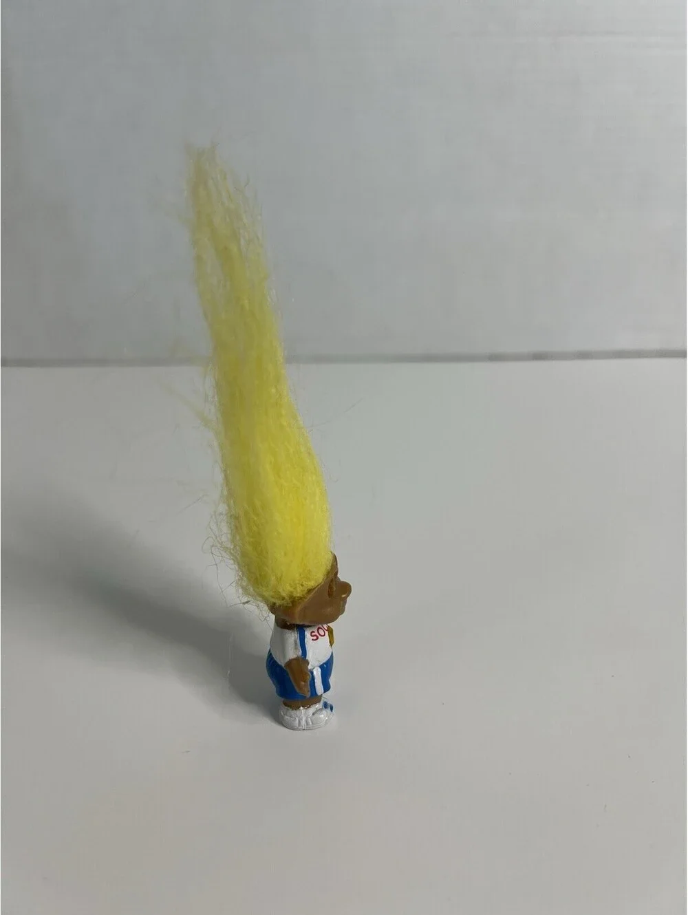 Vtg 1992 Ace Yellow Hair White & Blue Soccer Uniform Mini Troll Doll 1.5